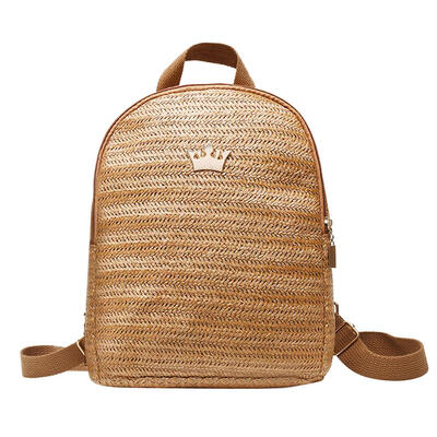 

Straw Woven Travel Backpacks Women Shoulder Schoolbags Crown Decor Knapsack