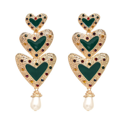 

Vintage Women 3 Hearts Drop Rhinestone Faux Pearl Enamel Statement Stud Earrings