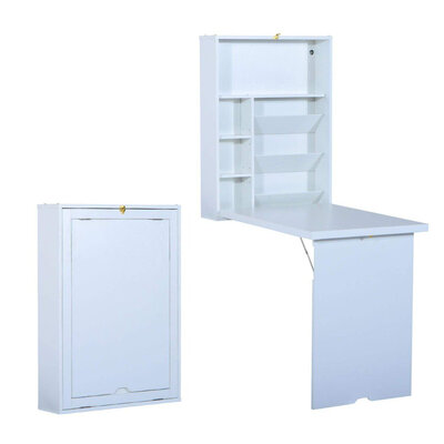 

Compact Fold Out Wall Mounted Convertible Workstation Desk With Storage - White
