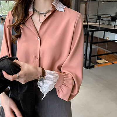 

2019 New Autumn Fashion Lace Patchwork Long Sleeve Chiffon Blouse Office Lady Sweet 2XL Blouses