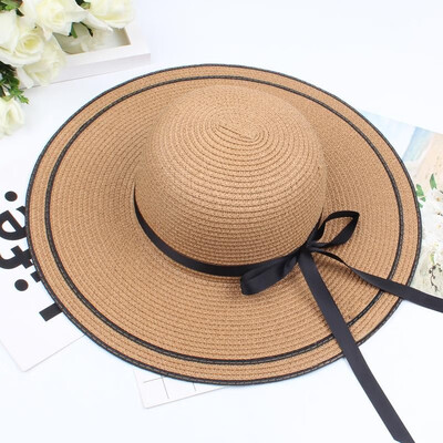 

Women Straw Hat Contrast Bowknot Color Block Large Wide Brim Foldable Floppy Casual Sun Summer Beach Cap