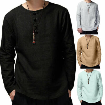 

Fashion Mens Linen Long Sleeve V-neck Shirt Loose Casual Shirts Tops Comfy New