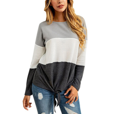 

Womens Casual Color Matching Knit Long Sleeve Sweaters Autumn Ladies O-Neck Loose Slim Fit Pullovers 2019