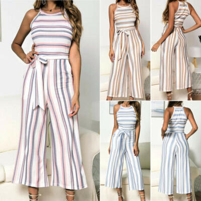 

New Fashion Women Striped Sleeveless Casual Wide Leg Jumpsuit Romper Playsuit UK