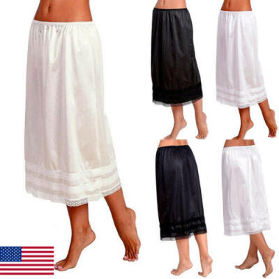 

New Women Retro Long Solid Lace Hem Slip Half Slip Skirt Under Dress Underskirts