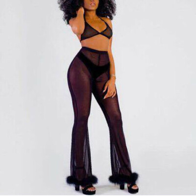 

Sexy Women Beach Mesh Ruffles Sheer Wide Leg Pants Loose Bikini Cover Up See Through High Waist Flared Leg Long Trousers