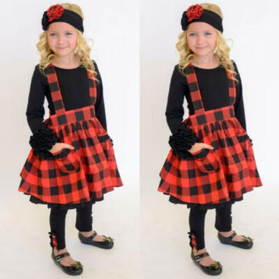 

Toddler Kid Baby Girl Plaid Clothes T-shirt Top Suspender Dress Pants Outfits
