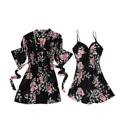 

Toponeto Women Sexy Satin Fashion Print Pajamas Sleepwear Sling Robe Long Sleeve Set