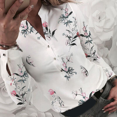 

Womens Retro Floral Tops Buttons V Neck Office Work Blouse Vintage Loose Shirt