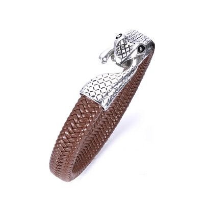 

Hot Leather Stainless Steel Biker Snake Head End Bracelet Bangle Large Men Gifts