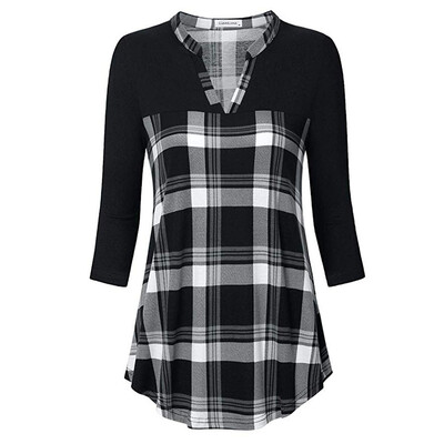 

Starmoon Womens 34 Sleeve Henley V Neck Color Block Plaid Tunic Shirt BKL