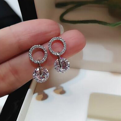 

Fashion New Jewelry Popular Luxury Diamond Silver Double Crystal Zircon Round Drop Dangle Earrings Ear Decoration