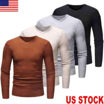 

US Mens New Sweatshirt Sweater Knitted Tops V Neck Pullover Jumper Long Sleeve