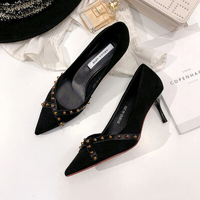 

Summer red high heels thin heels rivets shallow shoes single shoes female pointed wedding shoes bridesmaids shoes