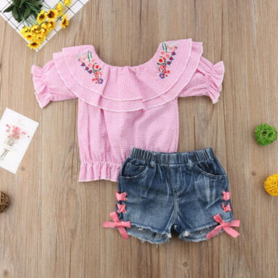 

Toddler Kids Baby Girls Off Shoulder Flower Tops Denim Pants Shorts Outfit Set