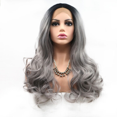 

Amazing Star Synthetic Heat Resistant Lace Front Wigs Pre plucked Silver Gray 150 Density Curly Wave Wigs Middle Part