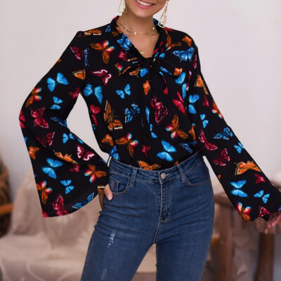 

Autumn New Bow Tie Butterfly Print Trumpet Sleeve Long Sleeve Shirt White