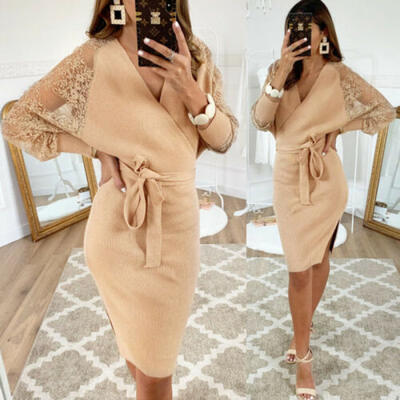 

UK Women Bodycon V Neck Knit Tie Front Dress Ladies Party Evening Mini Christmas