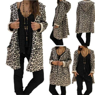 

Womens Boho Leopard Hooded Long Coat Cardigan Ladies Loose Outwear Jacket Tops