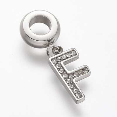 

304 Stainless Steel European Dangle Beads with Rhinestone LetterF 23mm Hole 45mm 135x12x15mm