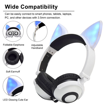 

LX-X109 Foldable Fox Ear Headphones Flashing LED Lights for PC Laptop 35mm AUX Over-ear Headset Adjustable Headband Kids Earphone