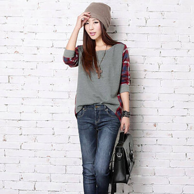 

Women T-Shirt 2018 Spring Autumn Women Plaid Patchwork Casual Long Sleeve O-Neck Tees Tops Casual Office Work Bottoming