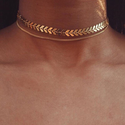 

Stylish Gold Color Fishbone Choker Necklace With Double-Layer Sequined Short Collarbone Chain For Women Necklace Jewelry Gift