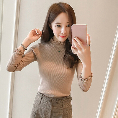

Women Spring Winter Half-high Collar Long Sleeve Solid Color Knitwear Blouse Sweater Slim Tops New Arrived 2019