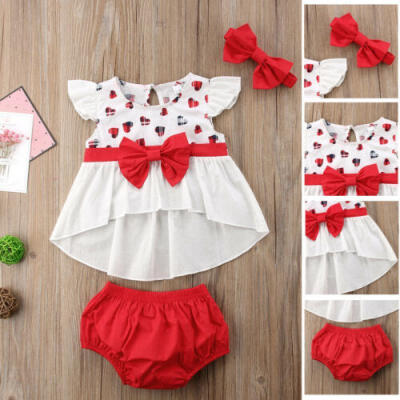 

US Toddler Kids Baby Girls Outfits Bowknot Sleeveless Tops DressShorts 3PCS Set