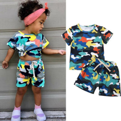 

UK Stock Toddler Baby Girls Camo Graphic Tee T-shirtShort Pants Outfit Set 1-6Y