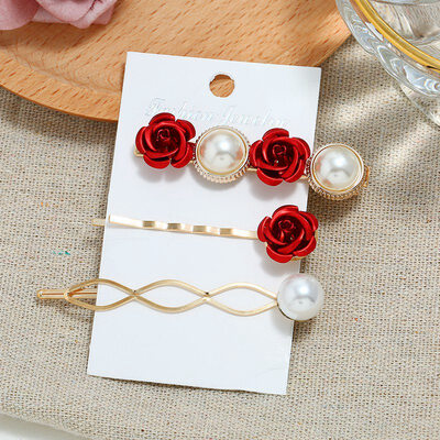 

Pearl Hair Clip Headwear Sweet Pearl Rose Word Clip Side Clip Three piece Sweet Hair Hairband Barrette Headdress Accessories