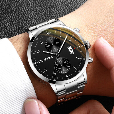 

Gobestart CUENA Mens Business Steel Belt Watch Three Eyes Calendar Quartz Watch