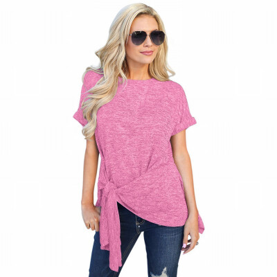 

Womens waist T-shirt round neck short sleeve knotted smock