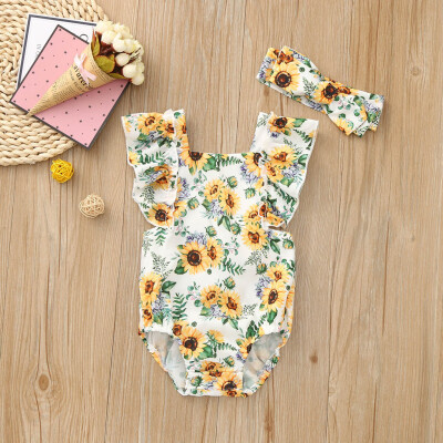 

Summer Infant Baby Girls Sleeveless Sunflower Print Romper Bodysuit Clothes