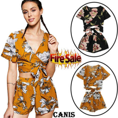 

Sexy Women Short Sleeves Floral Print Casual Short Jumpsuit Pants Set 2pc Romper