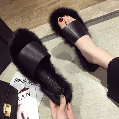 

Slippers female ins tide summer Korean version of Joker fashion dew toe rabbit hair drag students flat sandals