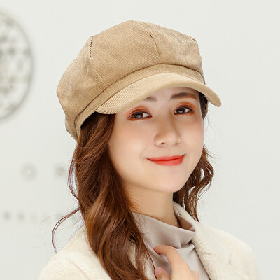 

Korean version of solid color corduroy octagonal Hat for women in autumn&winter Joker artist Hat retro Cap beret tide