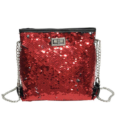 

Women Twist Lock Shiny Sequined Square Crossbody Shoulder Bag with Chain Strap