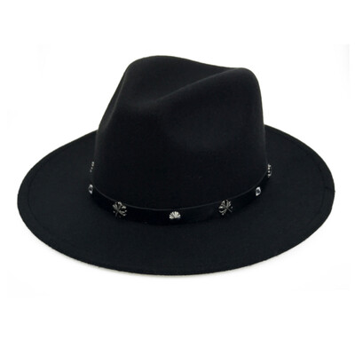 

Vintage Women Men Woolen Western Cowboy Hat With Wide Brim Leather Belt Cowgirl Jazz Cap