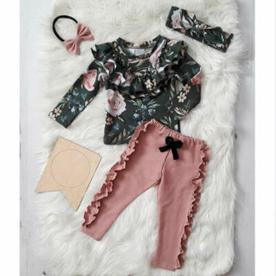 

US Newborn Baby Girls Long Sleeve Ruffles Flower Kid Tops Pants Headband Clothes