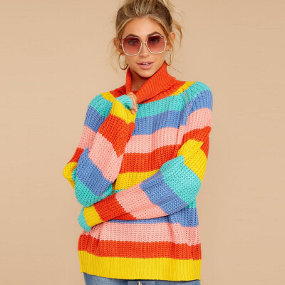 

〖Follure〗Womens Long Sleeve High Knitting Cardigan Tops Ladies Splicing Rainbow Sweater