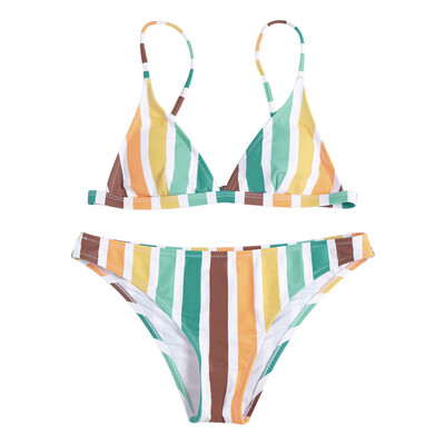 

Adjustable Spaghetti Strap Backless Colorful Striped Padded Women Bikini Set