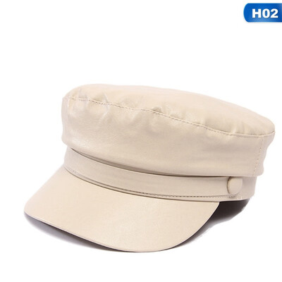 

Fashion PU Leather Military Hat Autumn Winter Sailor Hat For Women flat top Female travel cadet hat Captain Cap