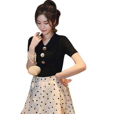 

Womens Korean Style Turn-down Collar Solid Short Sleeve Buttons Knitted Polo Shirt