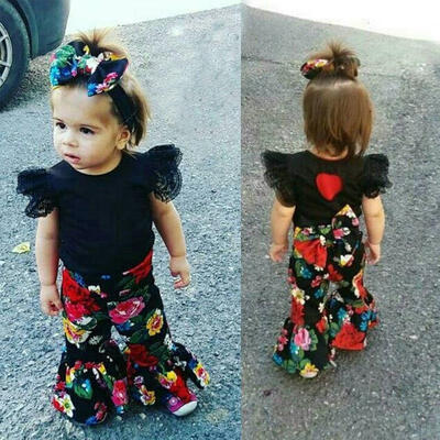 

Fashion Kids Baby Girls Lace Sleeve Tops T shirtFloral Pants Bell-bottom Trousers Flared Outfits Set Clothes