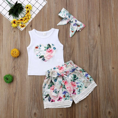 

Newborn Kid Baby Girls Sleeveless Heart T-Shirt Top Floral Lace Shorts with Bowknot Headband Summer Outfit