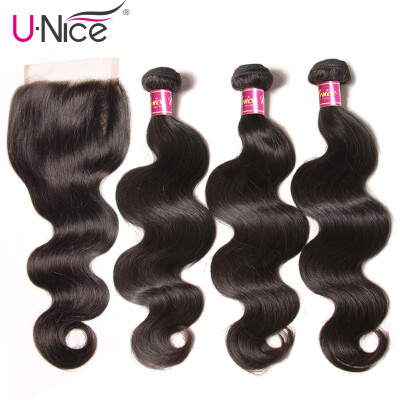 

UNice 8A Brazilian Culry Virgin Human Hair 3 Bundles with Lace Frontal Closure 13"x4" Free Part