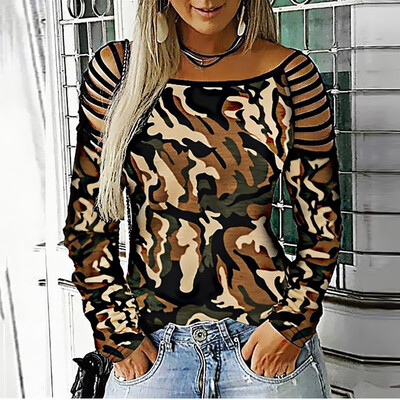 

Tailored Women Fashion O-Neck Print Camouflage Long Sleeve Shirt Strapless Top Blouse