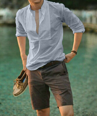 

Men Summer Fashion Slim Fit Shirt Top Long Sleeve Casual T-shirt Tee Beach Wear