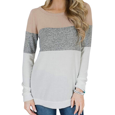 

Women Autumn Three-color Stitching Long Sleeve Cotton T Shirt Ladies Casual Round Neck Pullovers Bottoming Shirt